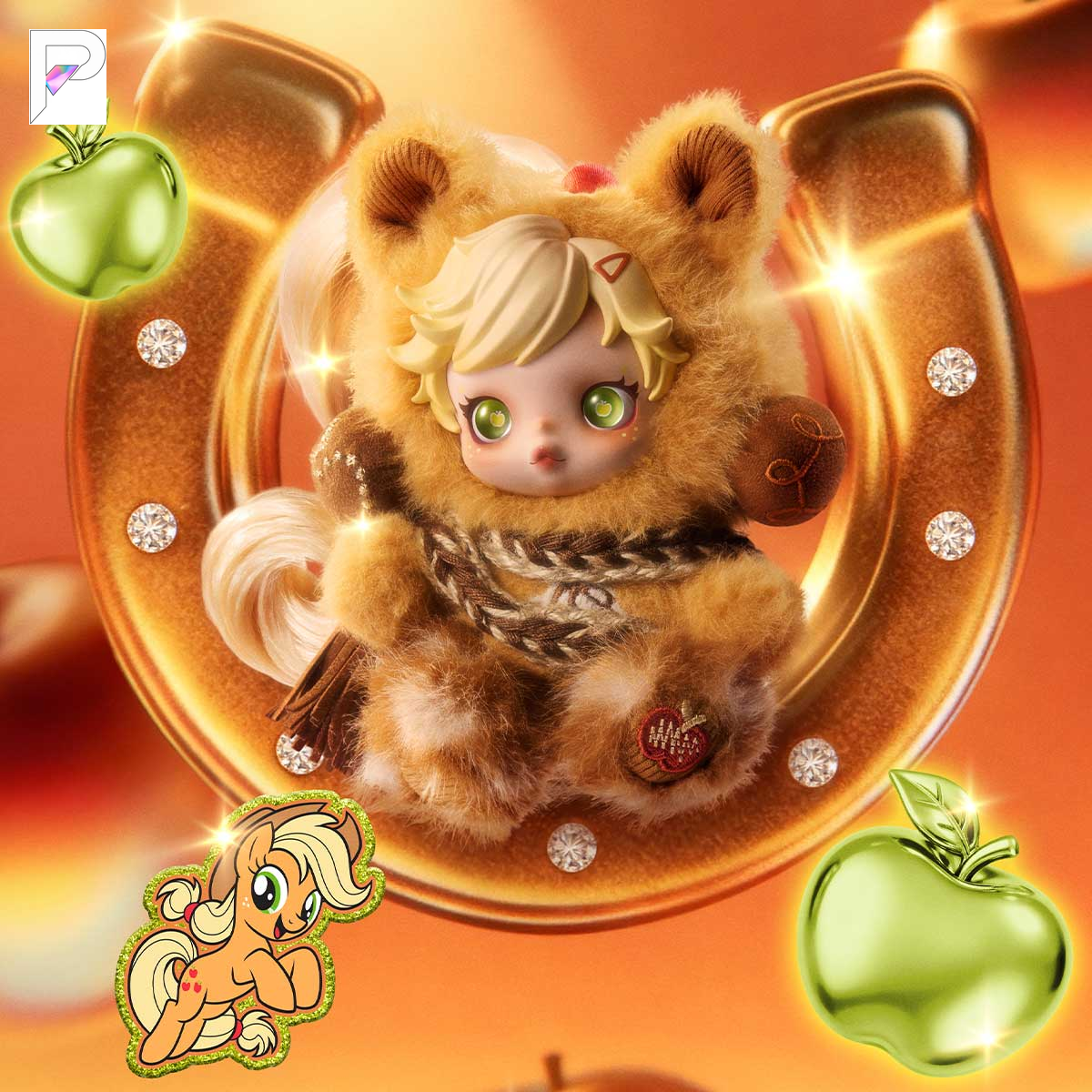 POP MART SKULLPANDA x My Little Pony Applejack, official styled product detail image with PAKRA logo