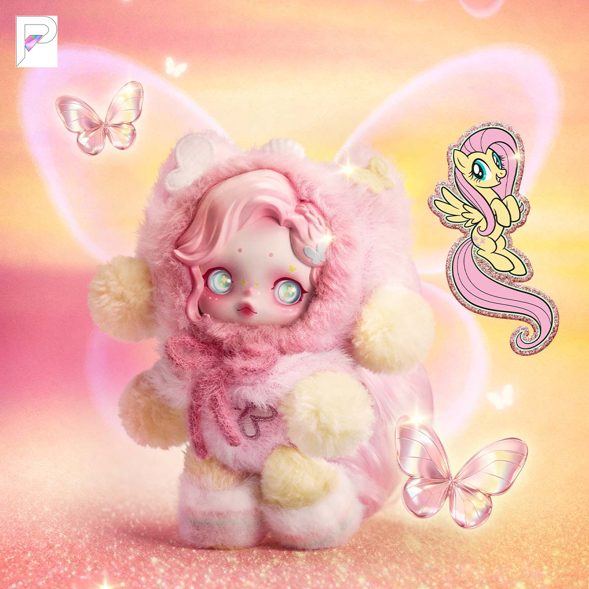 POP MART SKULLPANDA x My Little Pony Fluttershy, official styled product detail image with PAKRA logo