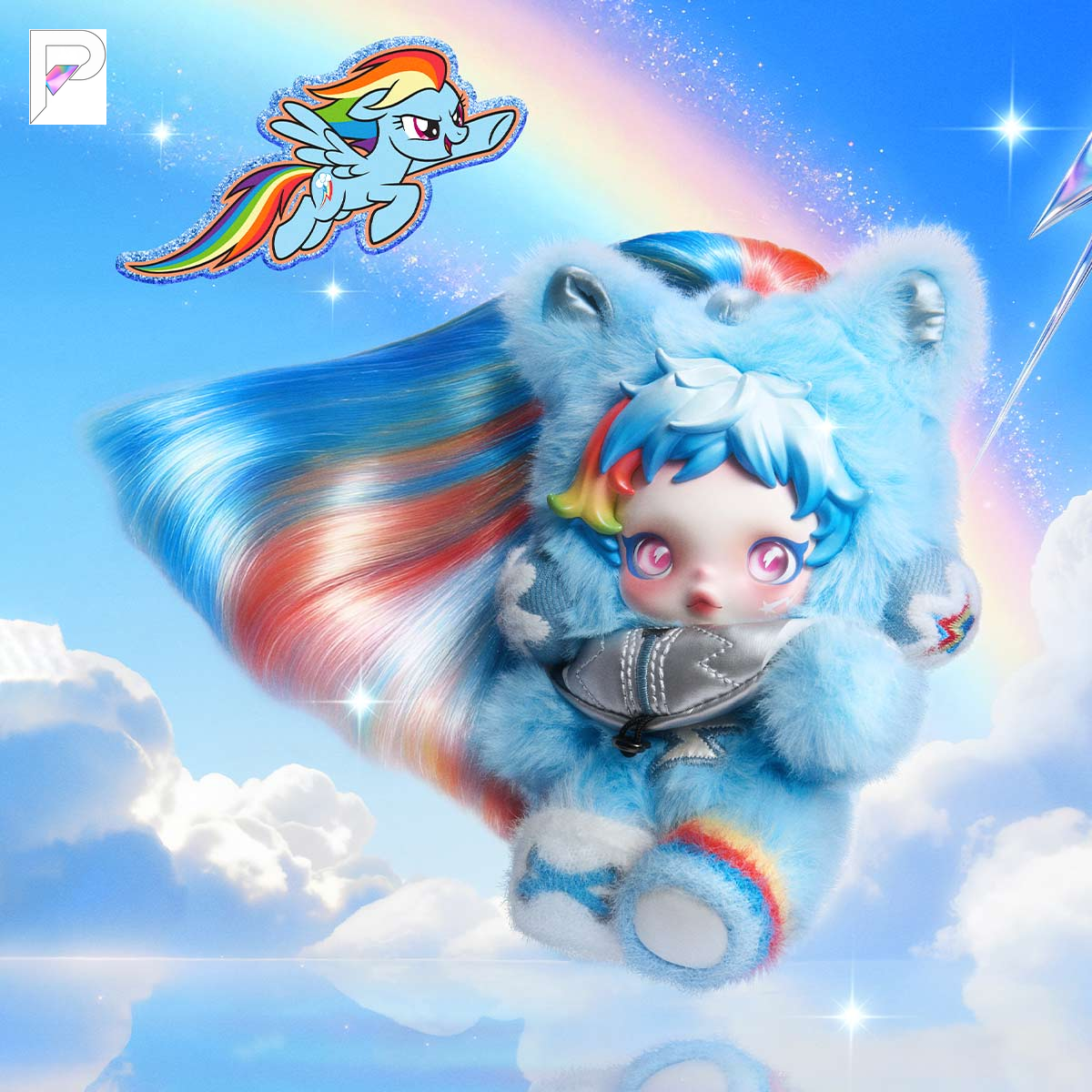 POP MART SKULLPANDA x My Little Pony Rainbow Dash, official styled product detail image with PAKRA logo