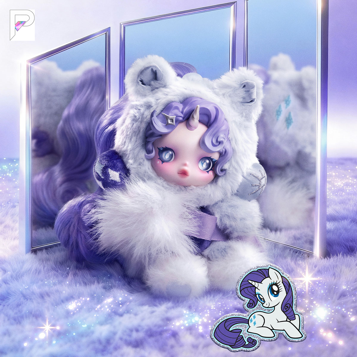 POP MART SKULLPANDA x My Little Pony Rarity, official styled product detail image with PAKRA logo