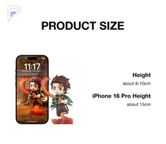 Tanjiro Kamado official white-background size diagram: manufacturer series height range about 8–10 cm, not an exact measurement of this character; phone for scale only and not included