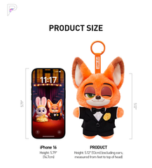 POP MART Zootopia Ace Duo Gala Nick plush pendant size reference on white: approximately 13 cm (5.12 in), excluding ears; phone and characters shown on its screen are not included