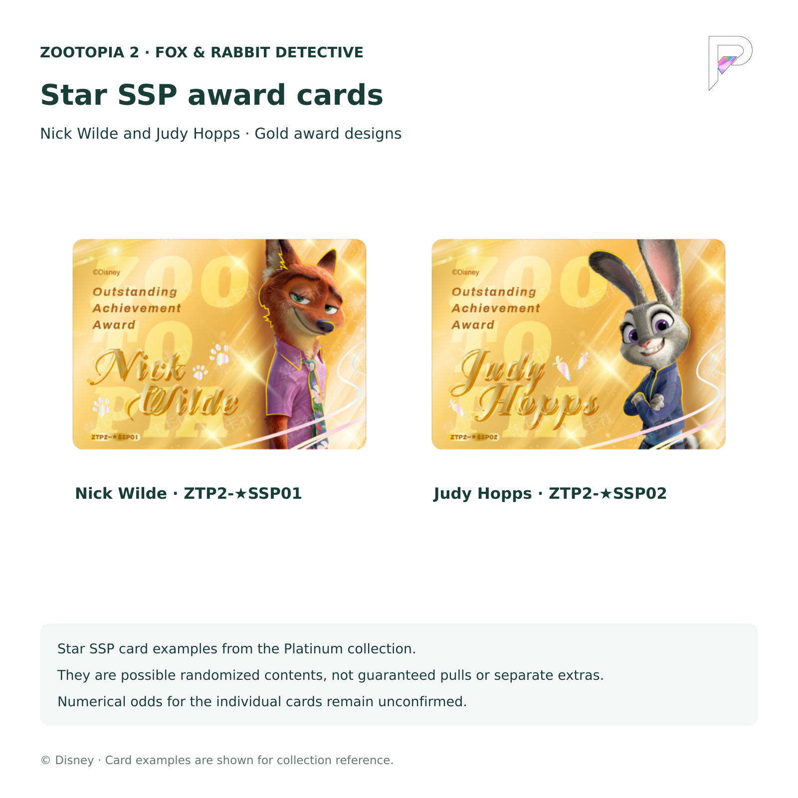 Zootopia 2 Star SSP gold award card examples: Nick Wilde ZTP2-StarSSP01 and Judy Hopps ZTP2-StarSSP02; not guaranteed pulls