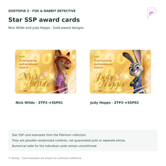 Zootopia 2 Star SSP gold award card examples: Nick Wilde ZTP2-StarSSP01 and Judy Hopps ZTP2-StarSSP02; not guaranteed pulls