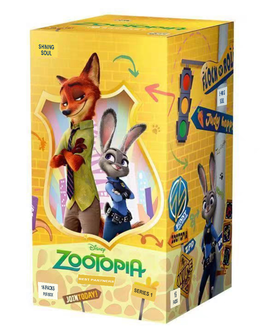 Shining Soul Zootopia Best Partners Series 1 yellow collectible card box with Nick Wilde and Judy Hopps artwork; localized image